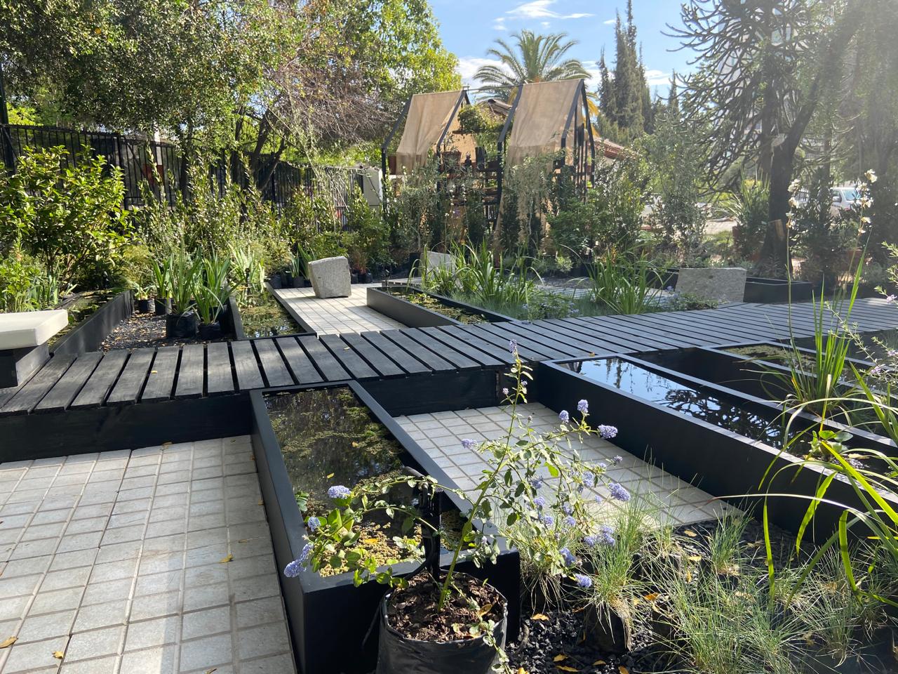 Jardín acuático con pasarelas de madera